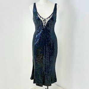 Vintage M Embellished Sequin Midi Dress Black LBD